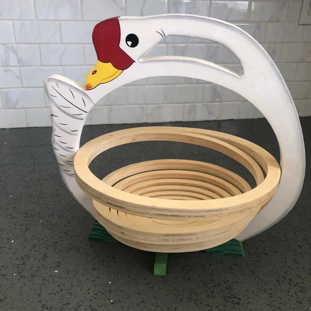 Vintage Collapsible Wood Goose Fruit Basket Spiral Folding Trivet Kitchen Decor